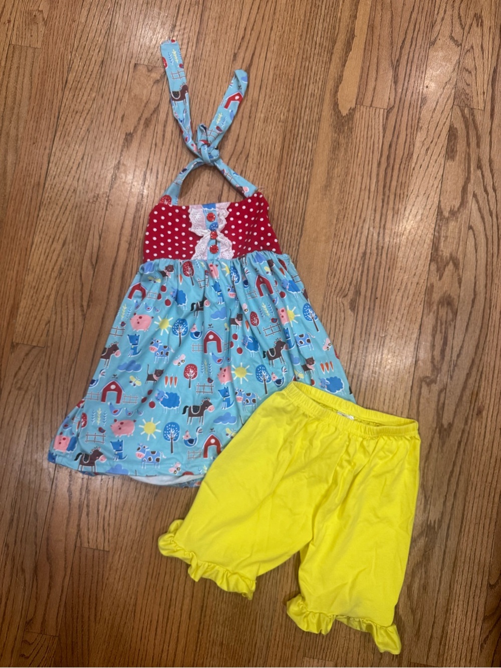 Girls Blue Farm Print Halter Top with Yellow Ruffle Shorts XXL (Size 7)